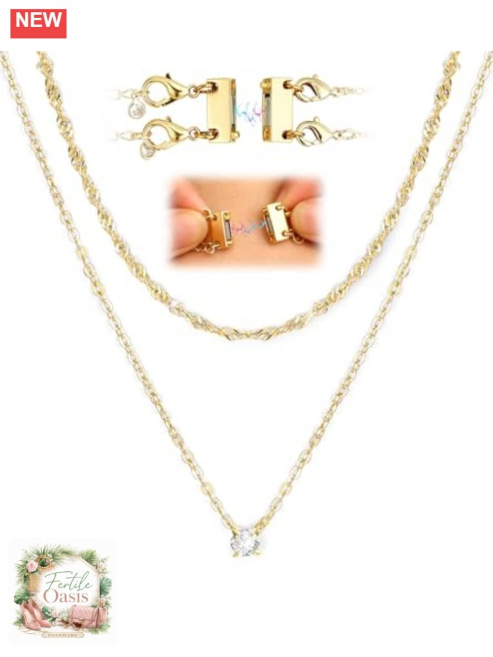 Layered Necklace Set for Women 14K Gold Plated Magnetic Clasp CZ Pendant